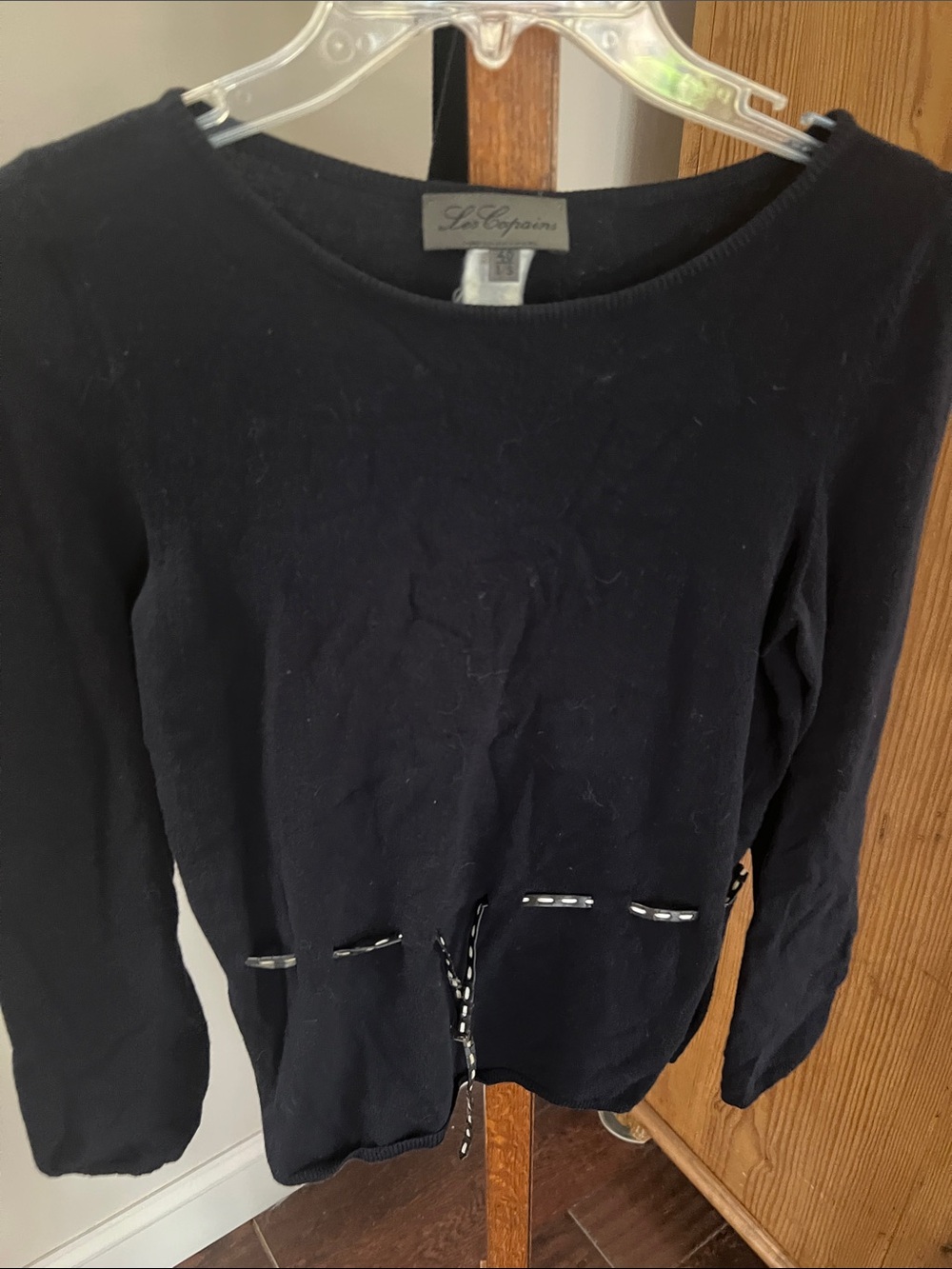 Vintage Les Copains Navy Long-Sleeve Knit Top with Leather Drawstring Detail
